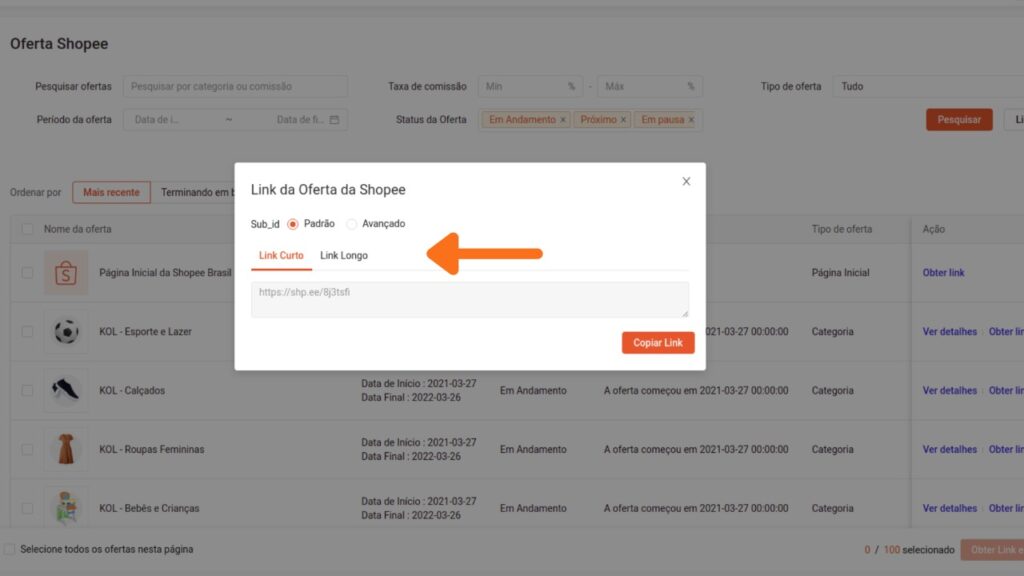 como pegar link de afiliado shopee