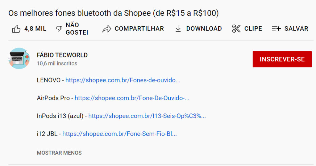 fone de ouvido, link de afiliado shopee